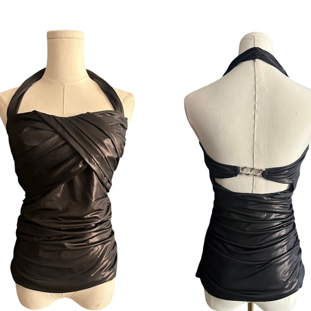 bebe Metallic Black Ruched Halter Top‎ Chain Detail Size M Y2K